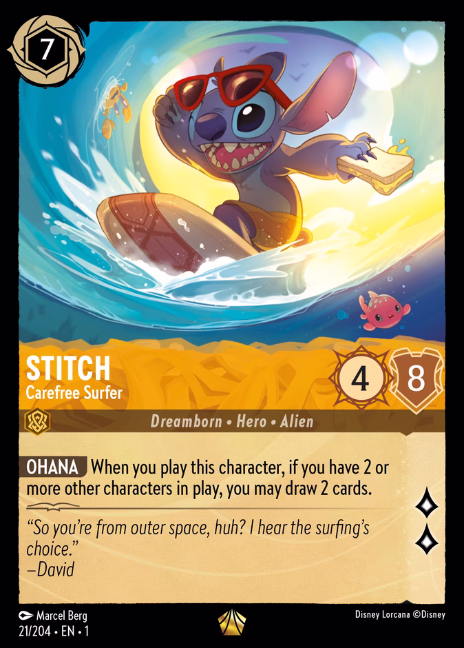 Stitch - Carefree Surfer — The First Chapter #21 (Disney Lorcana card)