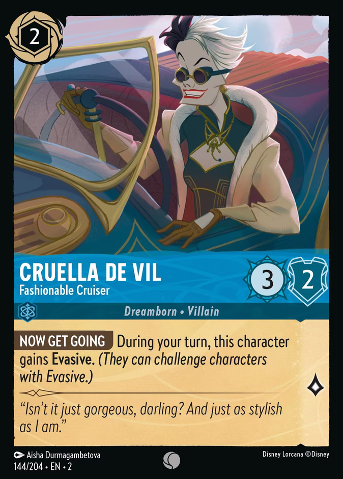 Cruella De Vil - Fashionable Cruiser — Rise of the Floodborn #144 (Disney Lorcana card)