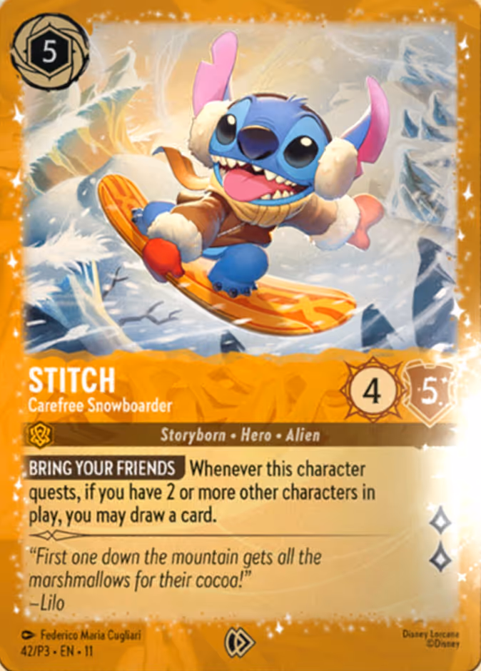 Stitch - Carefree Snowboarder — Promo Set 3 #42 (Disney Lorcana card)