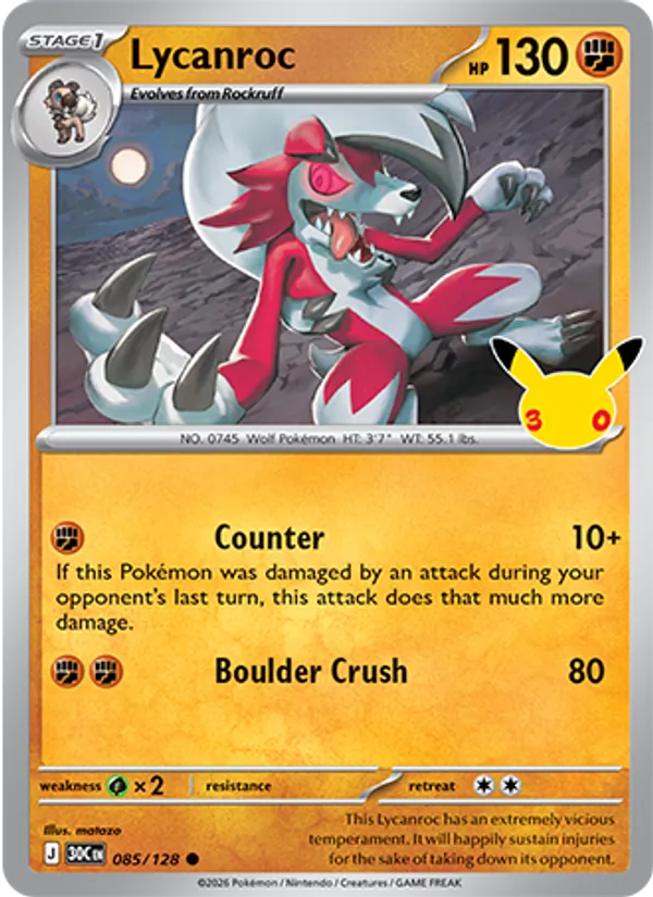 Lycanroc — 30th Celebration #085 (Pokémon TCG card)