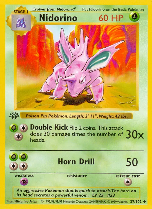 Nidorino — Base Set #37 (Pokémon TCG card)