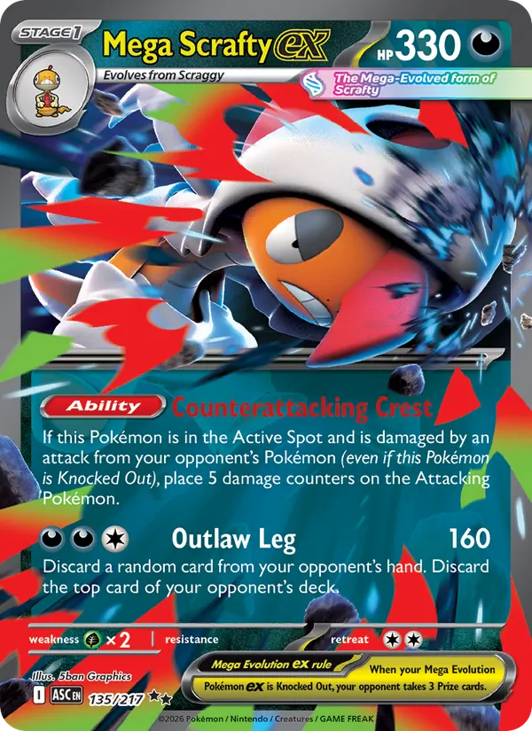 Mega Scrafty ex — Ascended Heroes #135 (Pokémon TCG card)