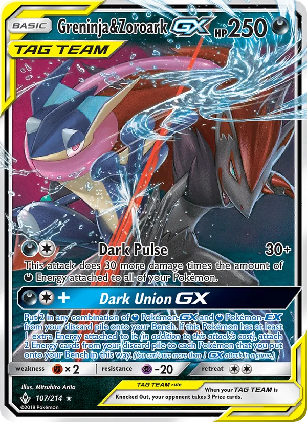 Greninja & Zoroark GX — Unbroken Bonds #107 (Pokémon TCG card)