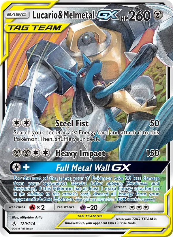 Lucario & Melmetal GX — Unbroken Bonds #120 (Pokémon TCG card)