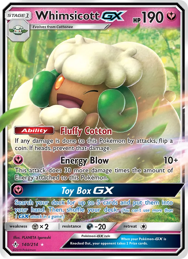 Whimsicott GX — Unbroken Bonds #140 (Pokémon TCG card)
