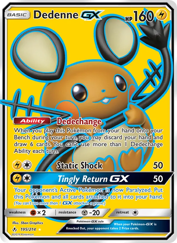 Dedenne GX — Unbroken Bonds #195 (Pokémon TCG card)