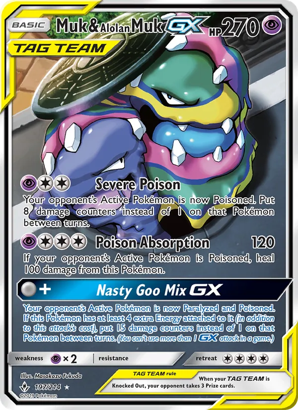 Muk & Alolan Muk GX — Unbroken Bonds #197 (Pokémon TCG card)