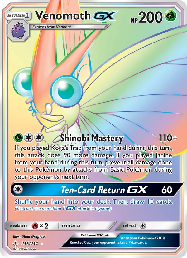 Venomoth GX — Unbroken Bonds #216 (Pokémon TCG card)