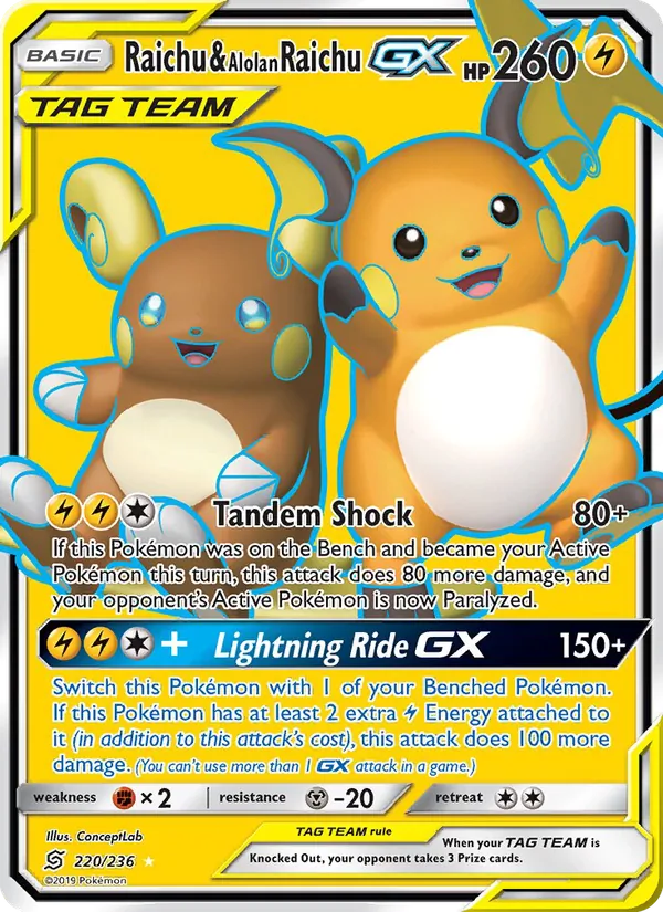 Raichu & Alolan Raichu GX — Unified Minds #220 (Pokémon TCG card)