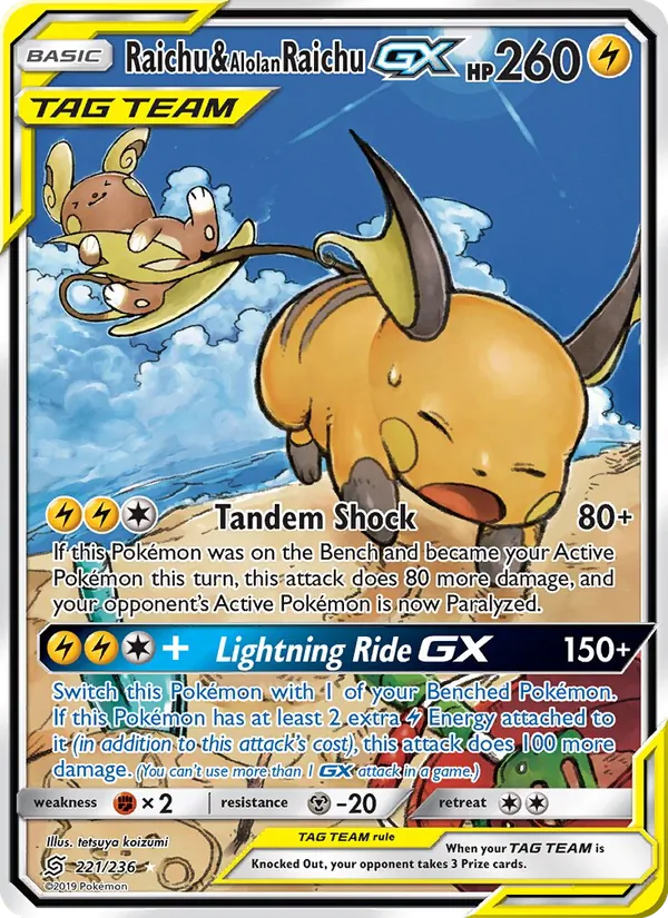 Raichu & Alolan Raichu GX — Unified Minds #221 (Pokémon TCG card)