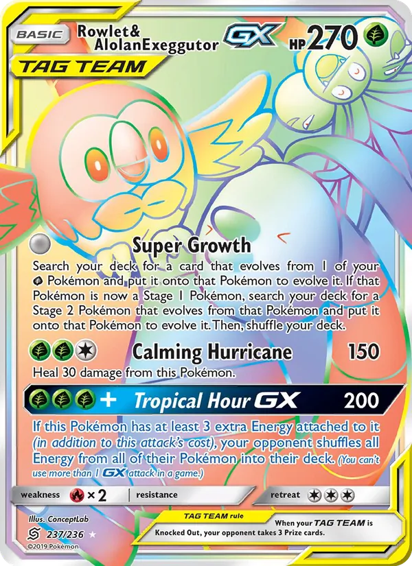 Rowlet & Alolan Exeggutor GX — Unified Minds #237 (Pokémon TCG card)