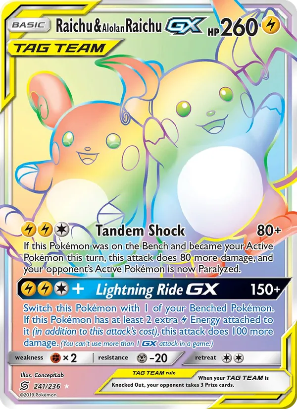 Raichu & Alolan Raichu GX — Unified Minds #241 (Pokémon TCG card)