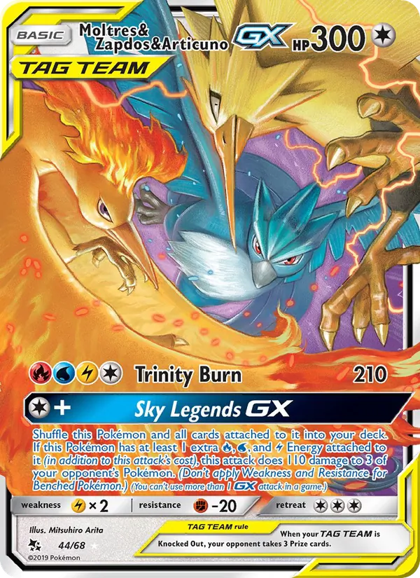 Moltres & Zapdos & Articuno GX — Hidden Fates #44 (Pokémon TCG card)
