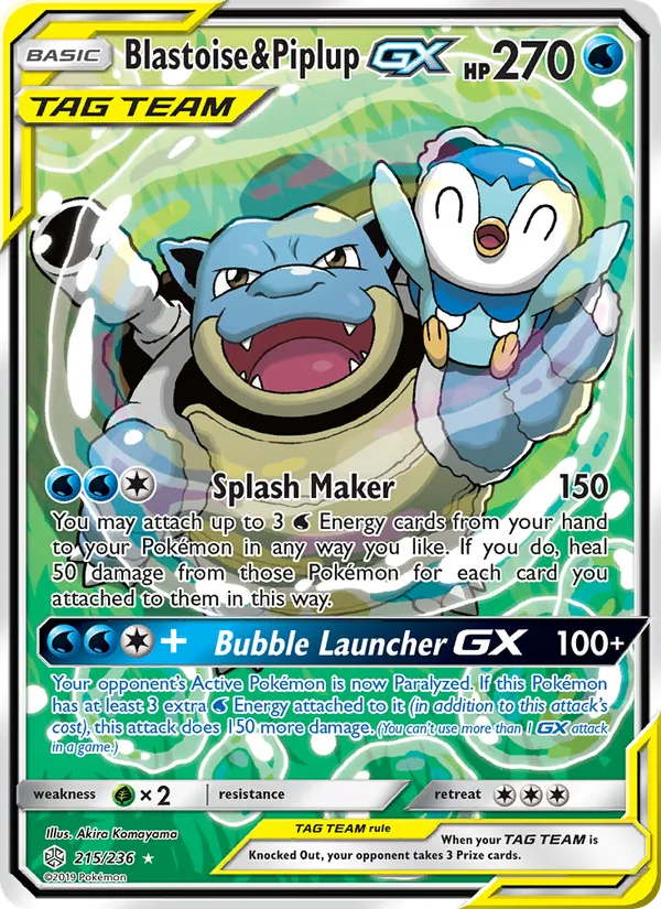 Blastoise & Piplup GX — Cosmic Eclipse #215 (Pokémon TCG card)