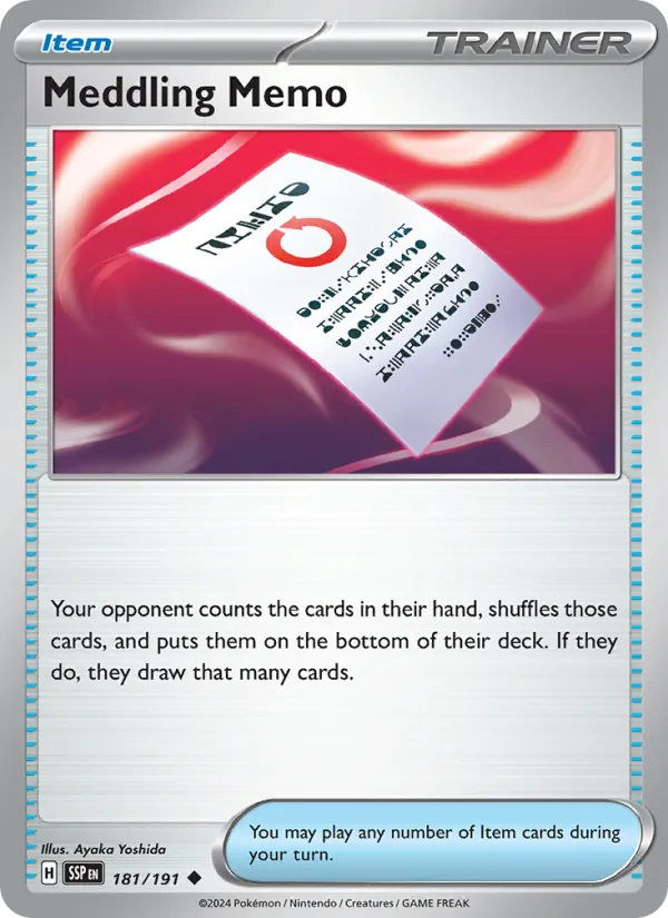 Meddling Memo — Surging Sparks #181 (Pokémon TCG card)