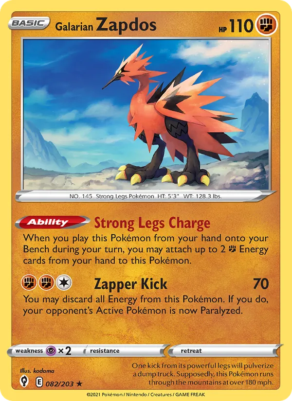 Galarian Zapdos — Evolving Skies #82 (Pokémon TCG card)