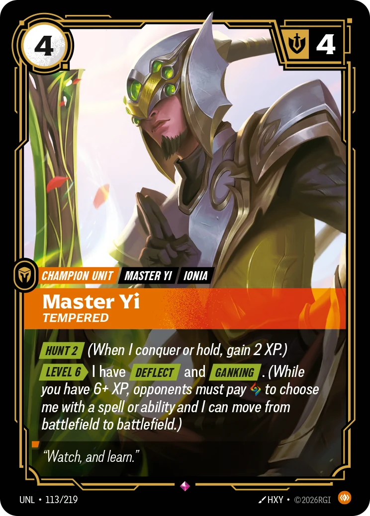 Master Yi - Tempered — Unleashed #113 (Riftbound card)
